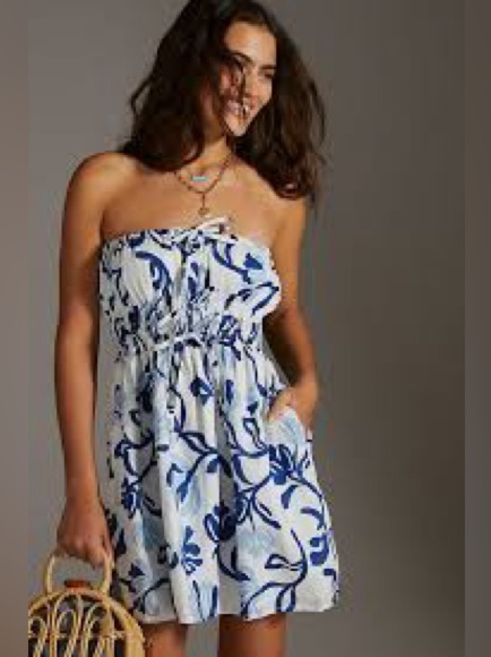 Faithfull the Brand Anthroplogie White Strapless Dress Blue Floral Print size 6